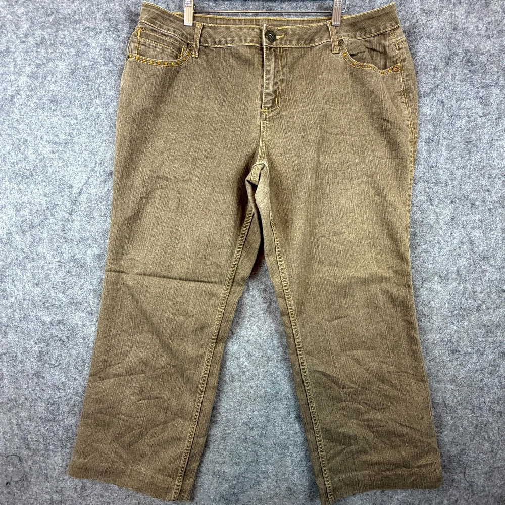 JW Woman Jeans Women 18 Brown Cropped‎ Y2K Rhinestones Embroidered Sunburst